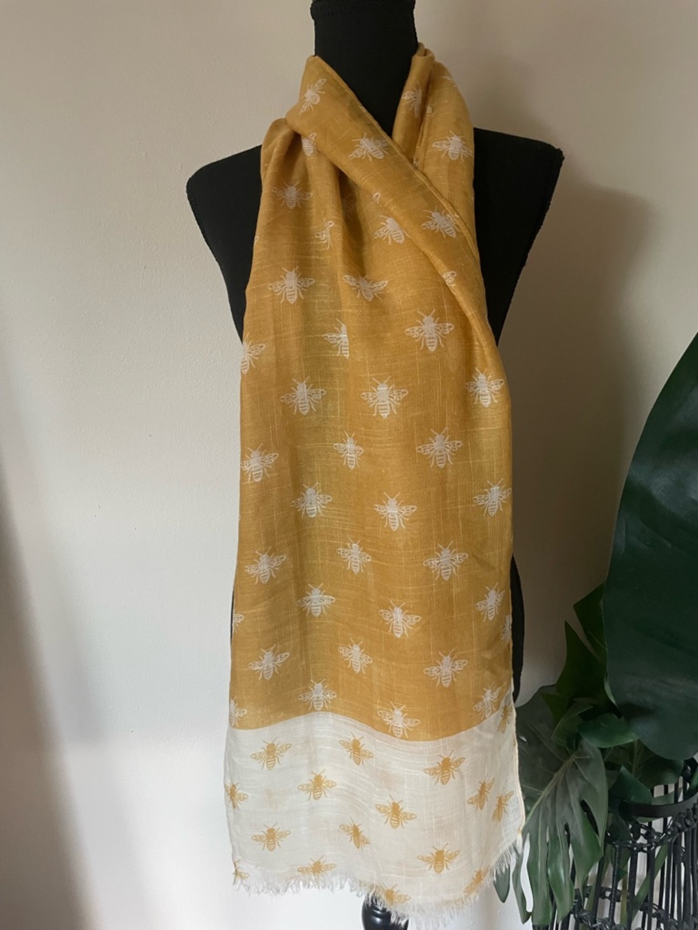 Lightweight Mustard Yellow Bee Print Scarf - Women Accessories - Picture 3 of 7
